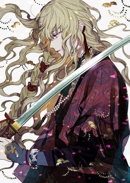 Anime picture 1253x1770 with original tayuya1130 long hair tall image fringe standing white background purple eyes holding upper body braid (braids) traditional clothes parted lips japanese clothes profile single braid looking down wavy hair boy hair ornament