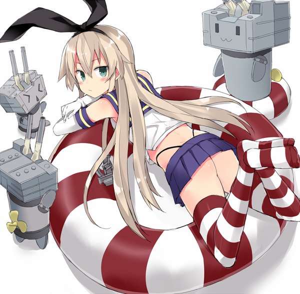 Anime picture 950x931 with kantai collection shimakaze destroyer rensouhou-chan kuhotaka single long hair looking at viewer blush fringe light erotic animal ears lying aqua eyes grey hair bunny ears girl thighhighs skirt gloves uniform