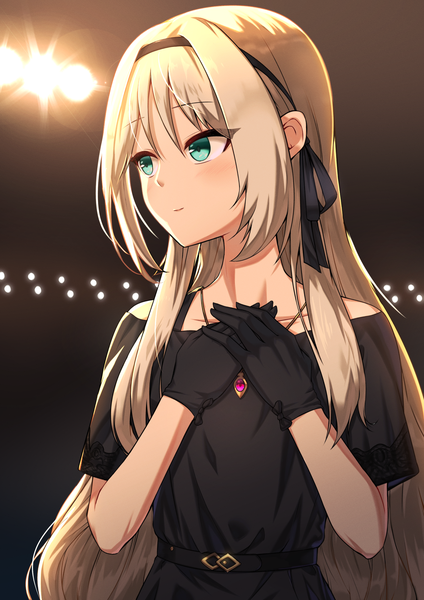 Anime picture 1500x2122 with girls frontline an-94 (girls frontline) pellas (panix2383) single long hair tall image blush fringe blonde hair simple background hair between eyes standing bare shoulders payot looking away upper body aqua eyes hand on chest light dark background