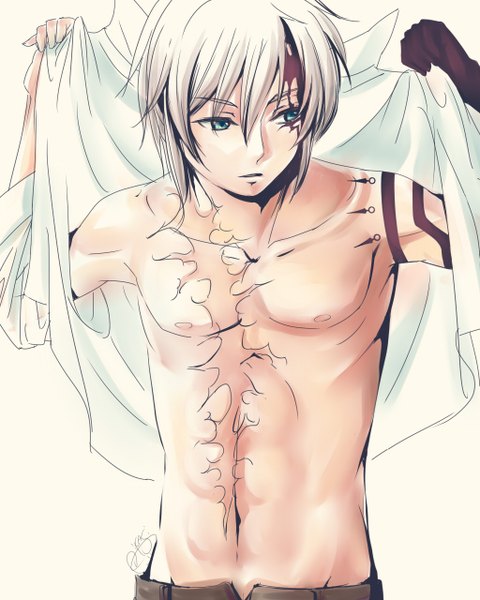 Anime picture 1024x1280 with d.gray-man allen walker single tall image fringe short hair simple background white background nipples white hair aqua eyes open clothes tattoo open shirt muscle dressing boy navel shirt belt