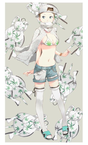 Anime picture 729x1200 with original vinti andrews yoshito (u10) single tall image short hair breasts blue eyes light erotic brown hair full body official art border clothes on shoulders fashion girl thighhighs white thighhighs shorts bracelet