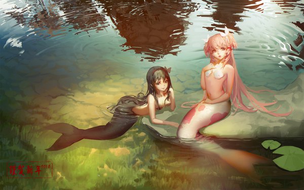 Anime picture 1920x1200 with mahou shoujo madoka magica shaft (studio) akemi homura kaname madoka goddess madoka akuma homura blackrabbitsoul long hair looking at viewer highres light erotic black hair smile sitting twintails multiple girls pink hair full body arm support lipstick