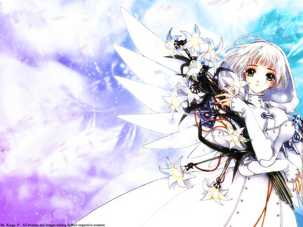 Anime picture 1024x768 with clover (manga) clamp suu (clover) single looking at viewer short hair holding silver hair wallpaper mechanical wings girl dress flower (flowers) wings white dress hood lily (flower)