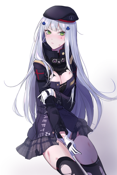 Anime picture 1087x1630 with girls frontline hk416 (girls frontline) qb 516 single long hair tall image looking at viewer blush fringe breasts light erotic simple background sitting green eyes cleavage silver hair torn clothes facial mark plaid skirt holding arm