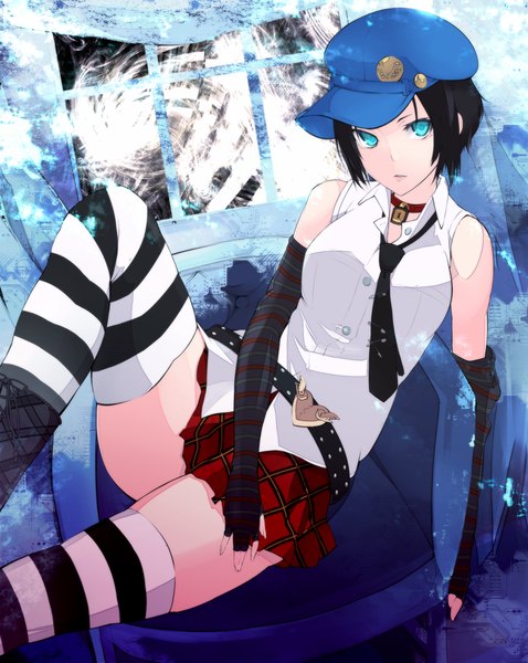 Anime picture 1000x1254 with persona persona 4 golden marie (persona 4) single tall image short hair blue eyes black hair bare shoulders girl thighhighs skirt miniskirt necktie boots striped thighhighs flat cap