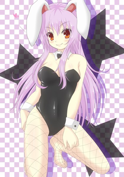 Anime picture 1400x2000 with touhou reisen udongein inaba akane miu single long hair tall image light erotic smile red eyes pink hair bunny ears bunny girl checkered background girl pantyhose wrist cuffs bunnysuit fishnet pantyhose