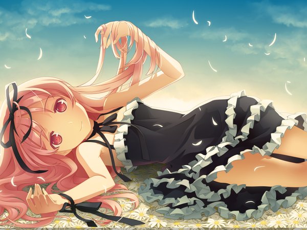 Anime picture 2048x1536 with garden (galge) cuffs (studio) himemiya ruri h2so4 single long hair highres smile pink hair sky cloud (clouds) pink eyes wallpaper girl dress flower (flowers) ribbon (ribbons) hair ribbon petals feather (feathers)
