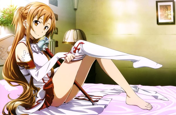 Anime picture 4067x2666 with sword art online a-1 pictures yuuki asuna kawakami tetsuya single long hair looking at viewer highres light erotic smile brown hair brown eyes absurdres scan official art legs girl thighhighs weapon detached sleeves
