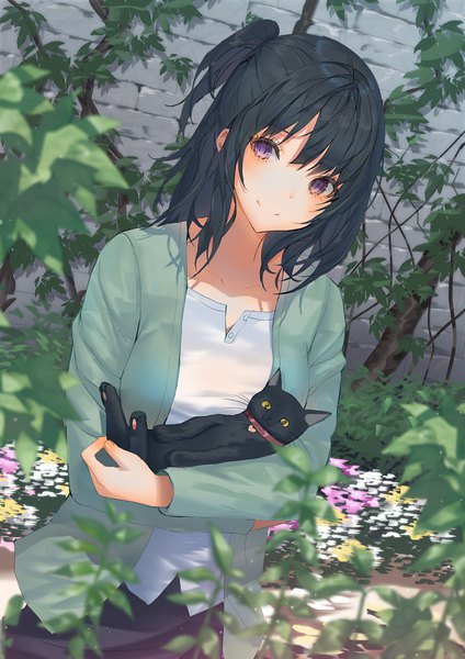 Anime picture 700x990 with original lloule single long hair tall image looking at viewer blush fringe breasts black hair smile hair between eyes standing purple eyes holding outdoors ponytail long sleeves head tilt blurry