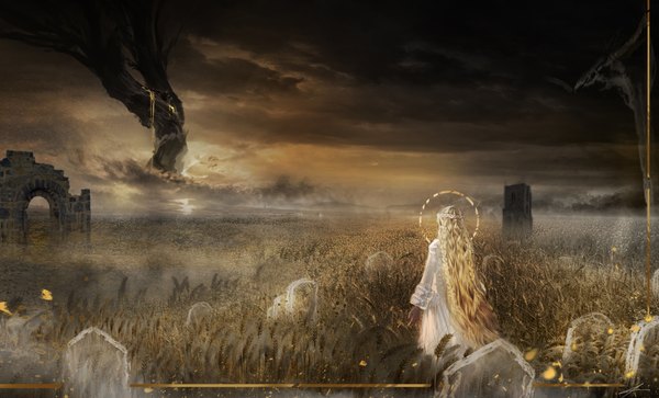 Anime picture 3602x2179 with elden ring miquella (elden ring) ojanrezaeiart single long hair highres blonde hair wide image standing signed absurdres cloud (clouds) braid (braids) from behind boy wheat wheat field