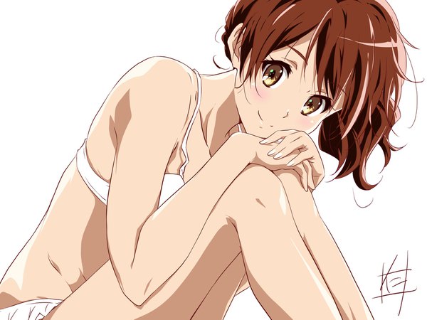 Anime picture 2010x1509 with hibike! euphonium kyoto animation oumae kumiko nii manabu single long hair looking at viewer blush highres light erotic simple background smile brown hair white background sitting signed side ponytail girl swimsuit bikini