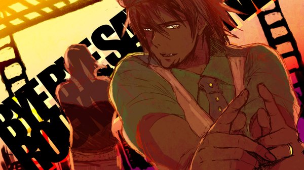 Anime picture 3000x1688 with tiger & bunny sunrise (studio) kaburagi t. kotetsu barnaby brooks jr. highres short hair open mouth brown hair wide image brown eyes inscription back twisty sleeves boy shirt necktie ring vest beard
