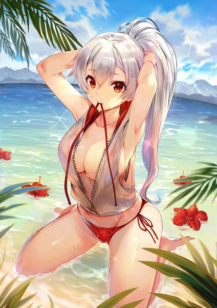 Anime picture 760x1075 with fate (series) fate/grand order tomoe gozen (fate) teddy (khanshin) single long hair tall image looking at viewer blush fringe breasts light erotic hair between eyes red eyes large breasts sitting holding sky silver hair cloud (clouds)