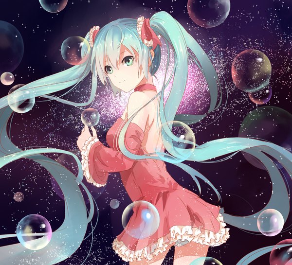 Anime picture 2200x2000 with vocaloid hatsune miku single highres twintails bare shoulders very long hair aqua eyes aqua hair dark background girl dress hair ornament detached sleeves bubble (bubbles)