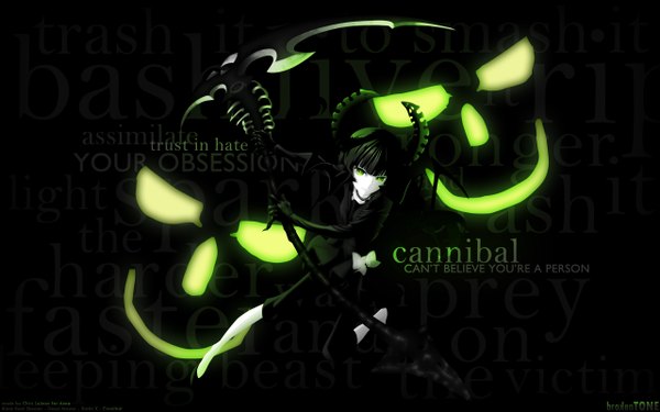 Anime picture 2560x1600 with black rock shooter dead master huke single long hair highres black hair smile wide image green eyes horn (horns) inscription wallpaper glowing black background glowing eye (eyes) vector girl gloves hair ornament