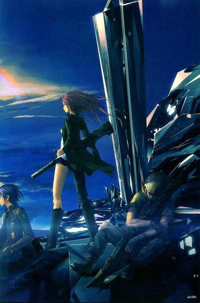 Anime picture 2775x4204 with redjuice long hair tall image highres standing blue hair sky purple hair cloud (clouds) sunlight sunbeam ruins girl boy gloves uniform weapon jacket boots armor