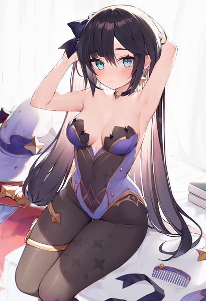 Anime picture 1075x1575 with genshin impact mona megistus muryotaro single long hair tall image looking at viewer blush fringe breasts light erotic simple background hair between eyes large breasts sitting payot cleavage bent knee (knees) aqua eyes arms up