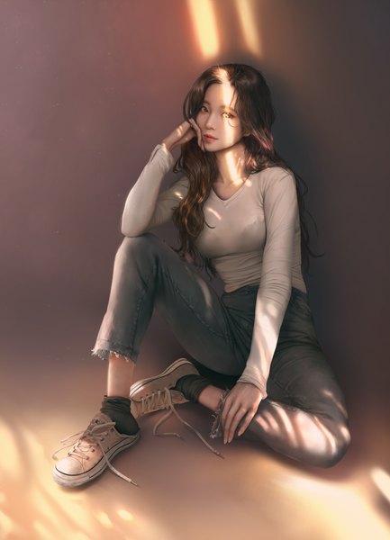 Anime picture 1743x2416 with original converse jagercoke single long hair tall image looking at viewer fringe highres brown hair sitting brown eyes full body bent knee (knees) long sleeves lips sunlight realistic head rest girl
