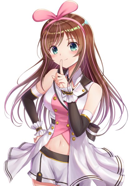 Anime picture 999x1413 with virtual youtuber a.i. channel kizuna ai seungju lee single long hair tall image looking at viewer blush fringe blue eyes simple background smile brown hair standing white background bare shoulders payot multicolored hair two-tone hair