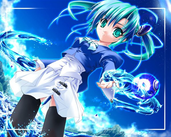 Anime picture 1280x1024 with tagme (copyright) tagme (artist) single long hair standing sky ahoge aqua eyes light smile aqua hair partially submerged magic girl thighhighs skirt black thighhighs water white skirt bolero
