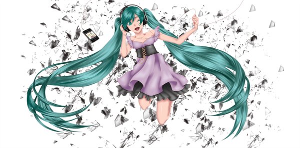 Anime picture 3000x1489 with vocaloid ipod apple inc. hatsune miku single highres open mouth simple background wide image white background twintails very long hair one eye closed wink aqua hair sleeveless girl dress headphones