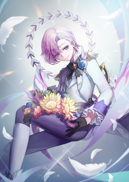 Anime picture 2480x3508 with forever 7th capital finike chicken (dalg-idalg) single tall image fringe highres short hair hair between eyes purple eyes looking away purple hair boy gloves flower (flowers) black gloves bowtie feather (feathers) epaulettes