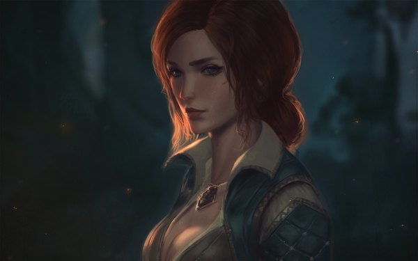 Anime picture 1920x1200 with the witcher the witcher 3 wild hunt triss merigold raikoart single looking at viewer highres breasts light erotic brown hair cleavage upper body realistic hair bun (hair buns) lipstick shaded face girl pendant