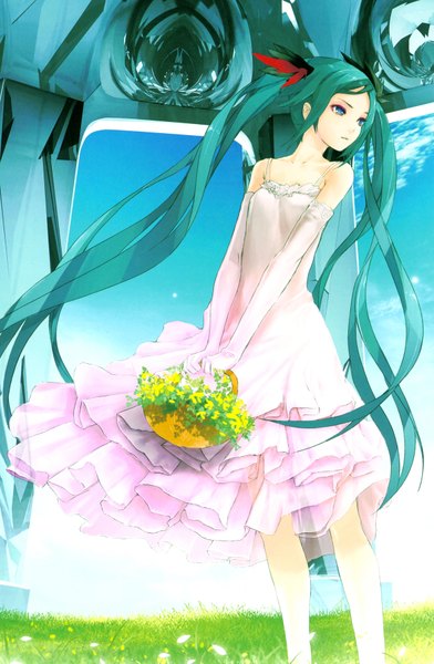 Anime picture 2337x3573 with vocaloid world is mine (vocaloid) hatsune miku redjuice single long hair tall image highres open mouth blue eyes white background twintails sky aqua hair field girl dress gloves elbow gloves white dress