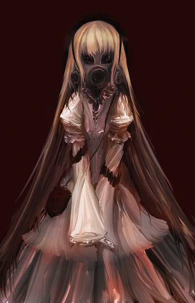 Anime picture 900x1400 with original caoth (artist) single tall image looking at viewer fringe simple background standing very long hair black background girl dress gas mask
