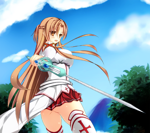 Anime picture 1350x1200 with sword art online a-1 pictures yuuki asuna ngirln4 (artist) single long hair blush fringe breasts open mouth light erotic brown hair holding brown eyes sky cloud (clouds) ass braid (braids) side braid half updo