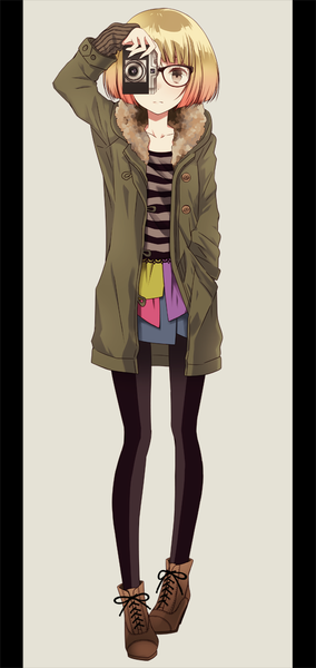Anime picture 500x1054 with original wogura single tall image looking at viewer short hair simple background brown eyes orange hair hand in pocket girl skirt miniskirt pantyhose glasses shoes jacket blouse camera