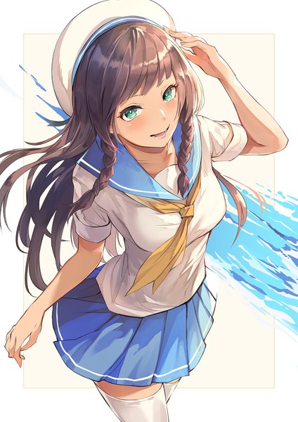 Anime picture 1440x2037 with original nr noir single long hair tall image looking at viewer blush fringe open mouth smile brown hair standing green eyes payot braid (braids) :d pleated skirt arm up from above wind