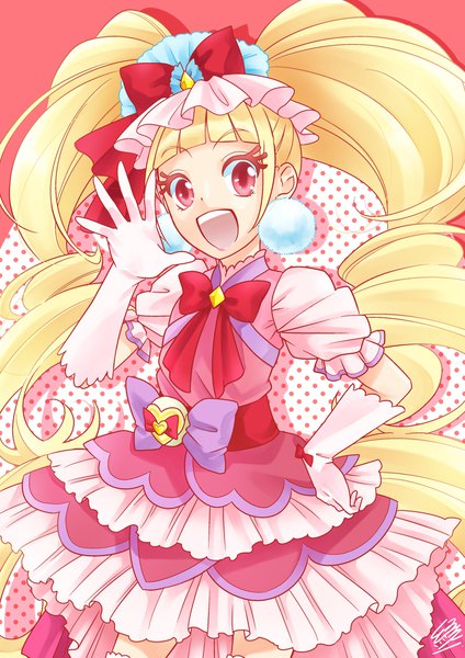 Anime picture 1500x2121 with precure hugtto! precure toei animation aisaki emiru cure macherie enishi single tall image looking at viewer open mouth blonde hair smile red eyes twintails very long hair puffy sleeves hand on hip drill hair magical girl girl