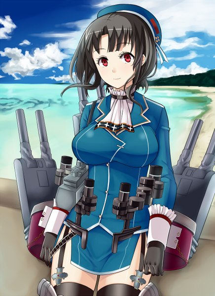 Anime picture 1018x1400 with kantai collection takao heavy cruiser hai ookami single tall image looking at viewer short hair breasts black hair red eyes large breasts sky cloud (clouds) zettai ryouiki girl dress gloves weapon sea beret