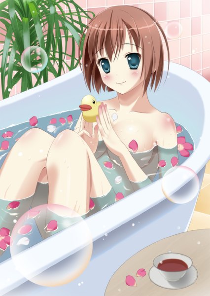 Anime picture 1447x2039 with original marble-0 single tall image blush short hair light erotic smile brown hair aqua eyes girl plant (plants) petals bubble (bubbles) cup bath coffee rubber duck
