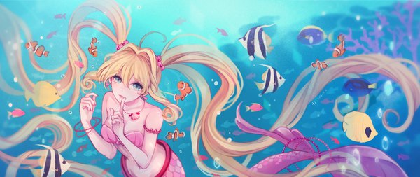 Anime picture 2067x875 with mermaid melody pichi pichi pitch nanami lucia +1 (yakusoku0722) single looking at viewer highres blue eyes blonde hair wide image twintails bare shoulders ahoge very long hair from above looking up underwater monster girl girl gloves navel
