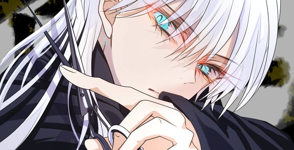 Anime picture 4628x2358 with original rui chaba single long hair looking at viewer highres blue eyes wide image absurdres white hair face boy scissors