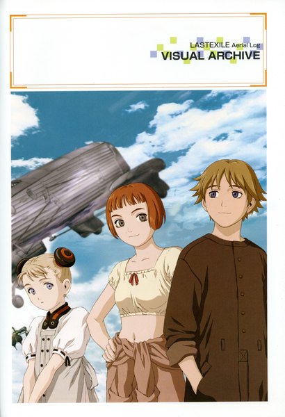 Anime picture 1640x2400 with last exile gonzo lavie head alvis hamilton claus valca range murata tall image looking at viewer short hair blonde hair smile purple eyes multiple girls looking away sky cloud (clouds) parted lips scan orange hair :o
