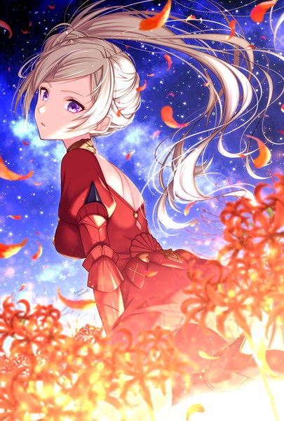 Anime picture 1102x1631 with fire emblem fire emblem: three houses nintendo edelgard von hresvelg sakura tsubame single long hair tall image open mouth blonde hair purple eyes looking away sky outdoors long sleeves parted lips night depth of field puffy sleeves night sky