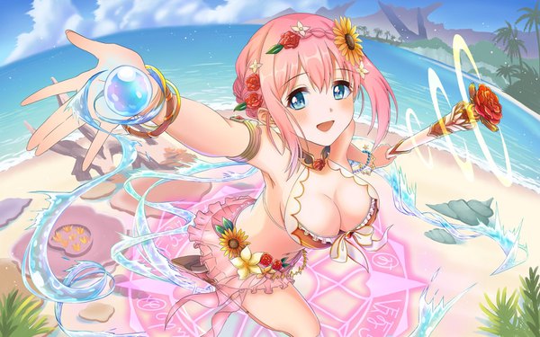 Anime picture 1600x1000 with princess connect! re:dive princess connect! yui (princess connect!) tamotamo241 single looking at viewer blush fringe short hair breasts open mouth blue eyes light erotic smile hair between eyes large breasts standing holding payot pink hair