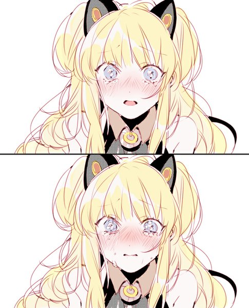 Anime picture 684x846 with vocaloid seeu piyo (ppotatto) long hair tall image blush fringe open mouth blue eyes simple background blonde hair white background bare shoulders animal ears :d cat ears tears multiview crying girl
