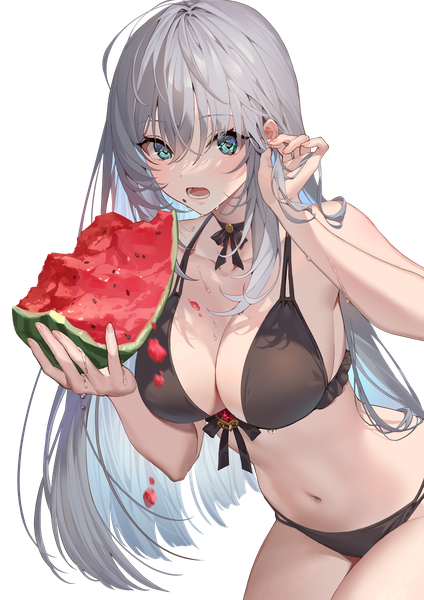 Anime picture 2121x3000 with original teffish single long hair tall image looking at viewer blush fringe highres breasts open mouth blue eyes light erotic hair between eyes large breasts standing holding grey hair adjusting hair transparent background