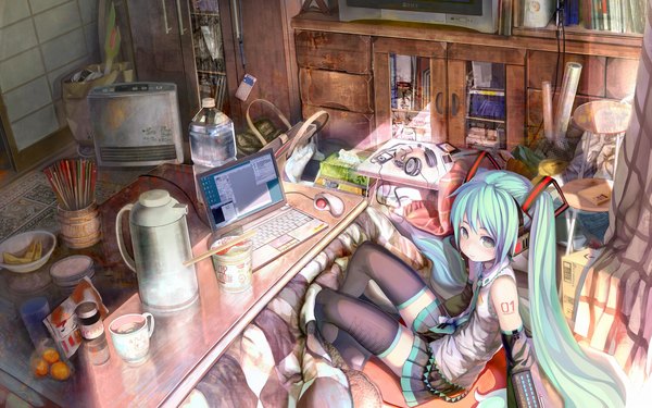 Anime picture 1920x1200 with vocaloid hatsune miku shirakaba long hair highres wide image twintails green eyes green hair girl headphones cup room laptop
