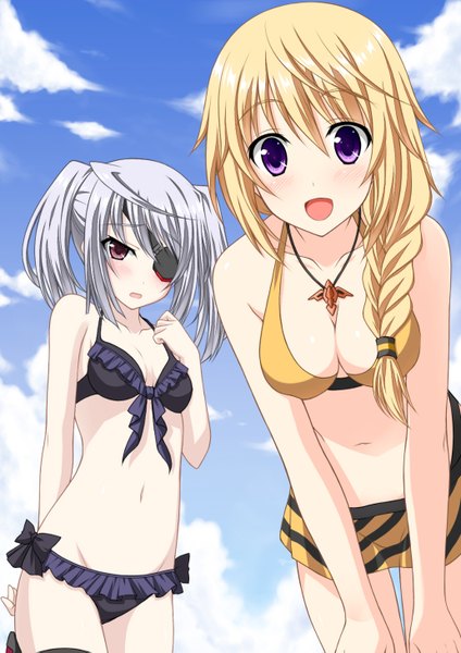 Anime picture 1032x1459 with infinite stratos 8bit charles dunois laura bodewig minamori noeru tall image open mouth light erotic blonde hair red eyes purple eyes twintails multiple girls silver hair single braid short twintails girl navel 2 girls swimsuit