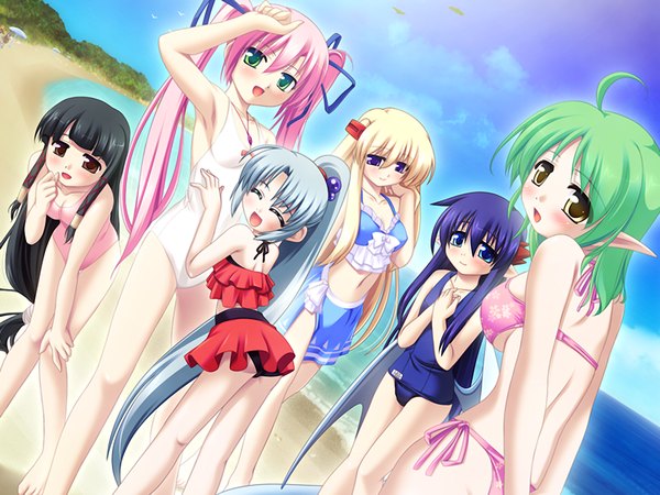 Anime picture 1200x900 with enbou no felshis light erotic multiple girls game cg beach group 6+ girls 6 girls girl swimsuit bikini