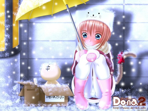 Anime picture 1024x768 with original kazu-t single short hair blue eyes light erotic brown hair sitting animal ears outdoors tail animal tail cat girl snowing winter pantyshot sitting snow squat tail ribbon for adoption