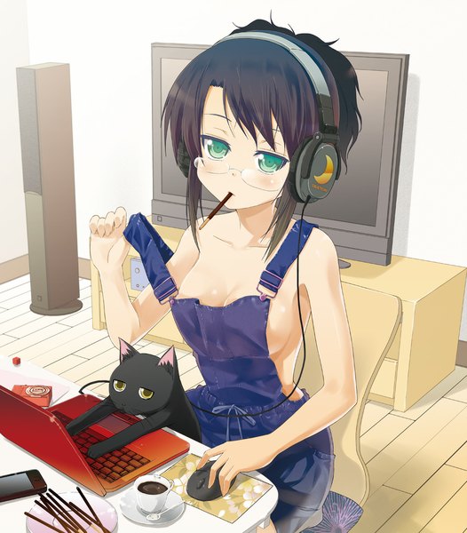 Anime picture 1000x1141 with original porurin tall image short hair breasts light erotic black hair sitting green eyes naked overalls girl glasses sweets headphones cat cup pocky speakers laptop overalls