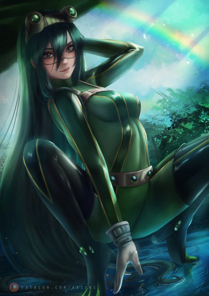 Anime picture 3532x5000 with boku no hero academia studio bones asui tsuyu axsen single tall image looking at viewer blush fringe highres breasts light erotic hair between eyes green eyes absurdres sky cloud (clouds) outdoors very long hair arm up