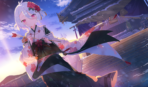 Anime picture 2000x1180 with princess connect! re:dive princess connect! kokkoro (princess connect!) aida (chinhung0612) single highres short hair red eyes wide image white hair traditional clothes japanese clothes wind dutch angle floral print snow new year morning sunrise girl