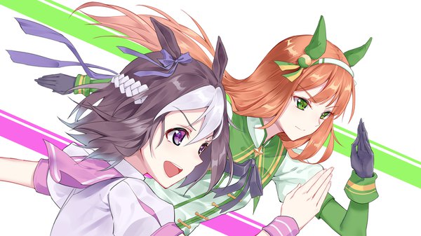 Anime picture 1920x1080 with umamusume silence suzuka (umamusume) special week (umamusume) 5plus long hair fringe highres short hair open mouth hair between eyes brown hair wide image white background purple eyes multiple girls green eyes animal ears looking away multicolored hair two-tone hair